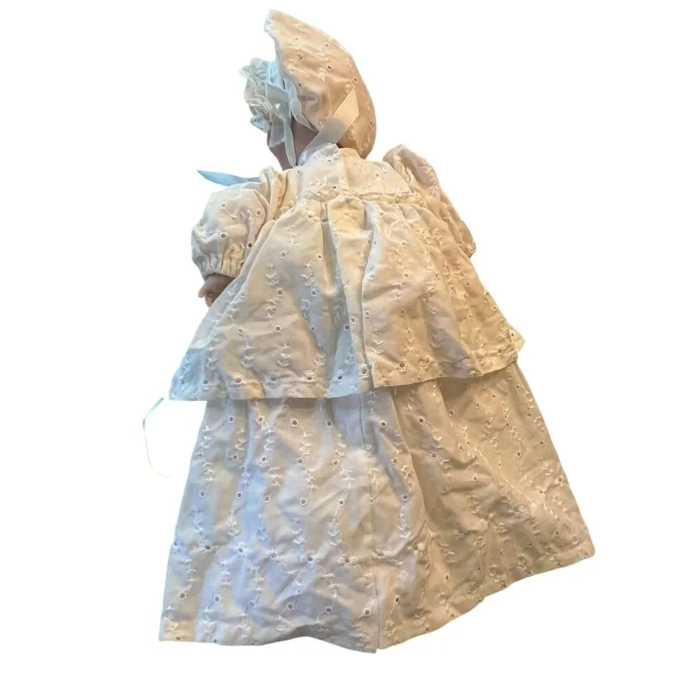 Vintage Baby Doll with Christening Gown Bonnet Booties White Eyelet Dress Outfit